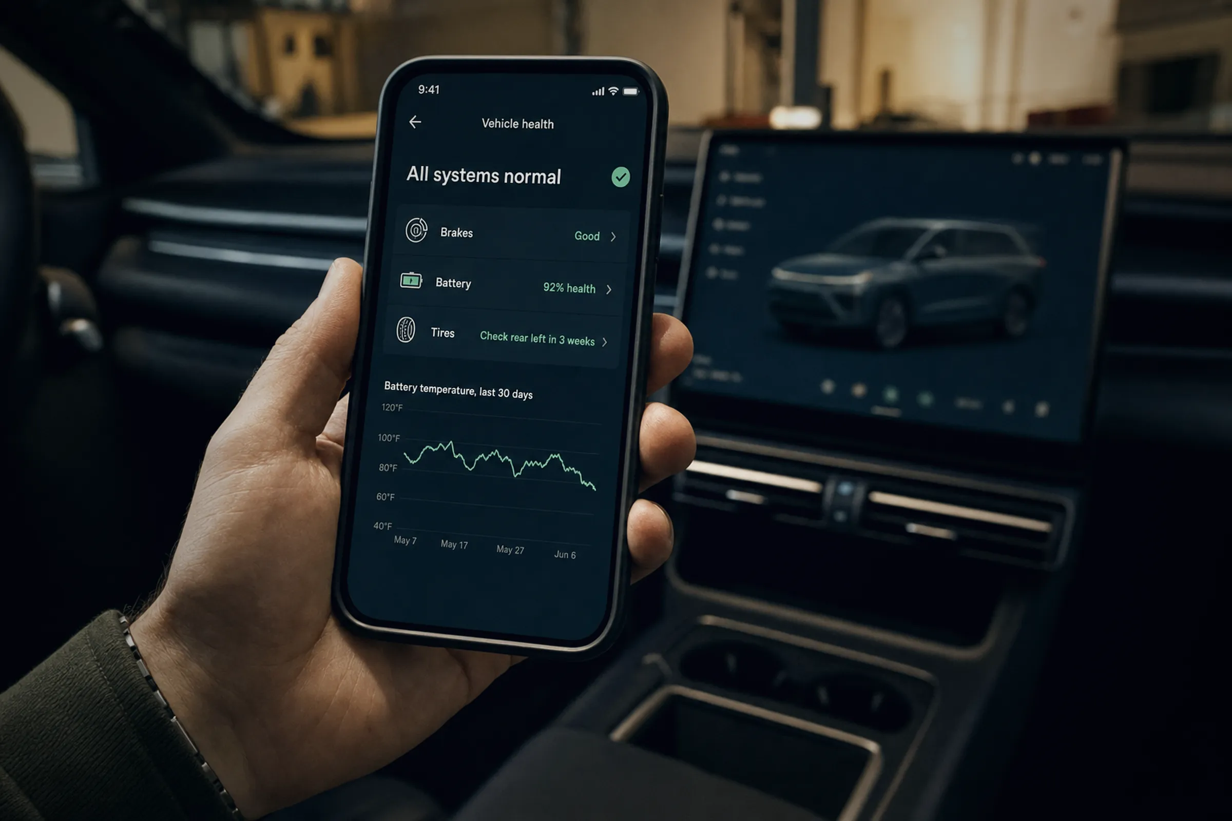 A driver holding a phone with a vehicle health app inside an electric SUV