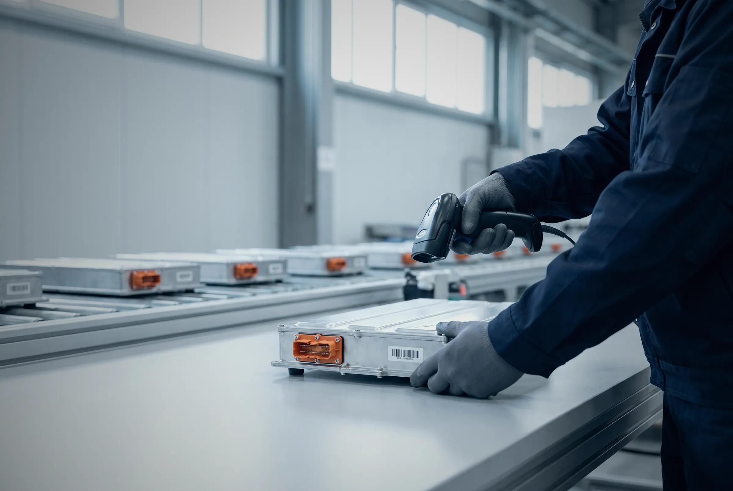 A technician scanning the label on an electric-vehicle battery module at an inspection table